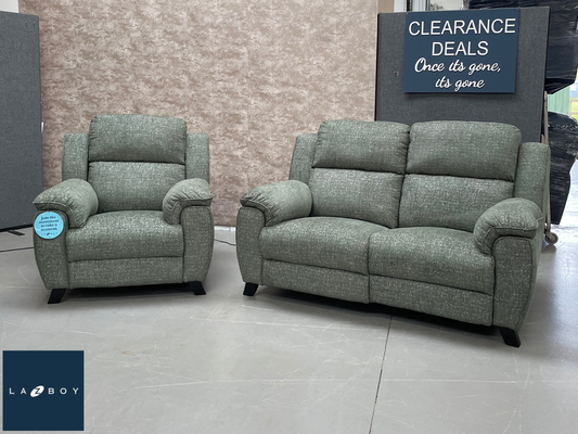 New - La-Z-Boy 'Trent' 2 Seater Electric Recliner & Electric Reclining Armchair in Green Fabric