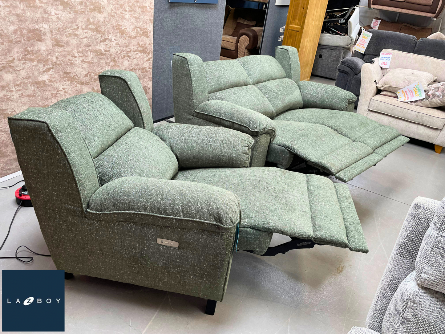 New - La-Z-Boy 'Trent' 2 Seater Electric Recliner & Electric Reclining Armchair in Green Fabric
